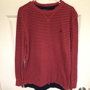 Light Red w/ Thin Navy Bands Long Sleeve Shirt - L